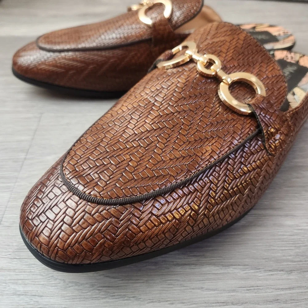 Meijiana Brown Woven Horsebit Mule Loafers Size‎ 8 Slip On Flats Comfort Elegant